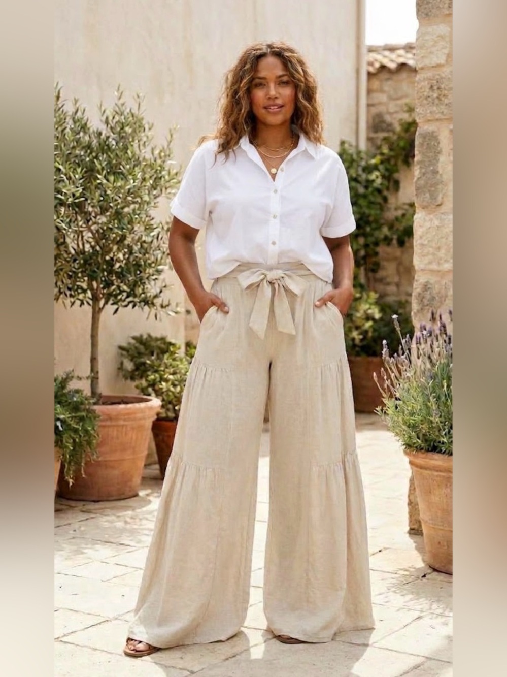 Tie-Waist Wide-Leg Linen Pants in Sand